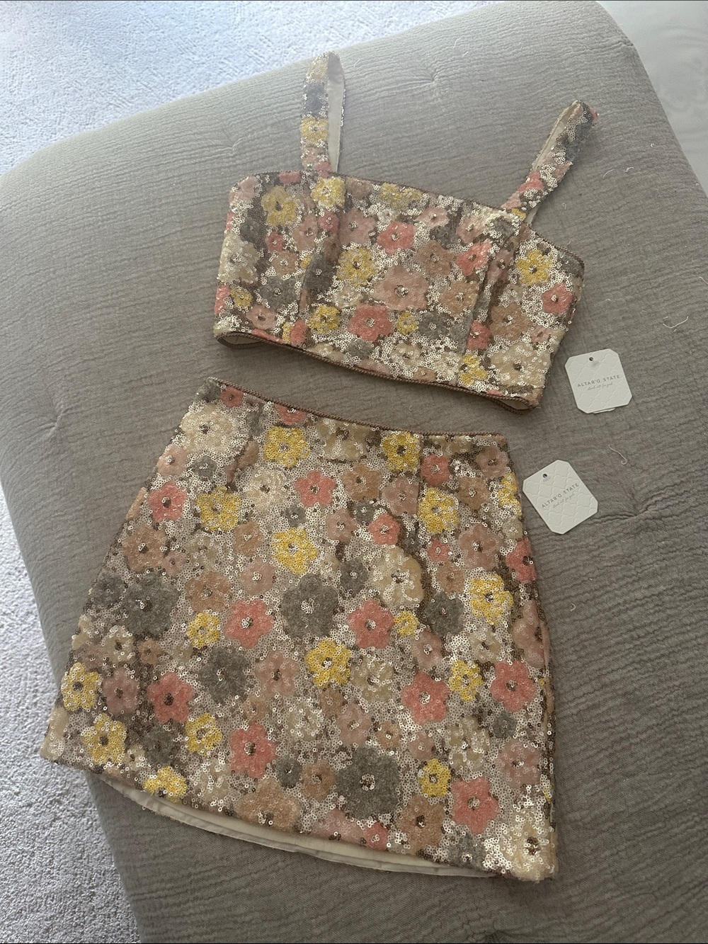Altar'd State Sequin Floral Mini Skirt - Pink, Yellow & Cream Two Piece